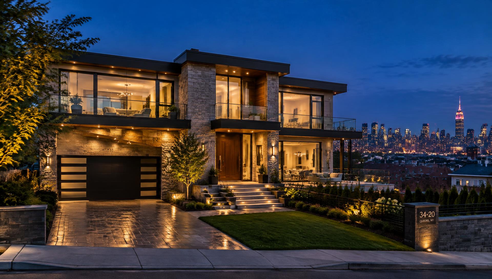 Illustration: a modern home at dusk with the New York skyline